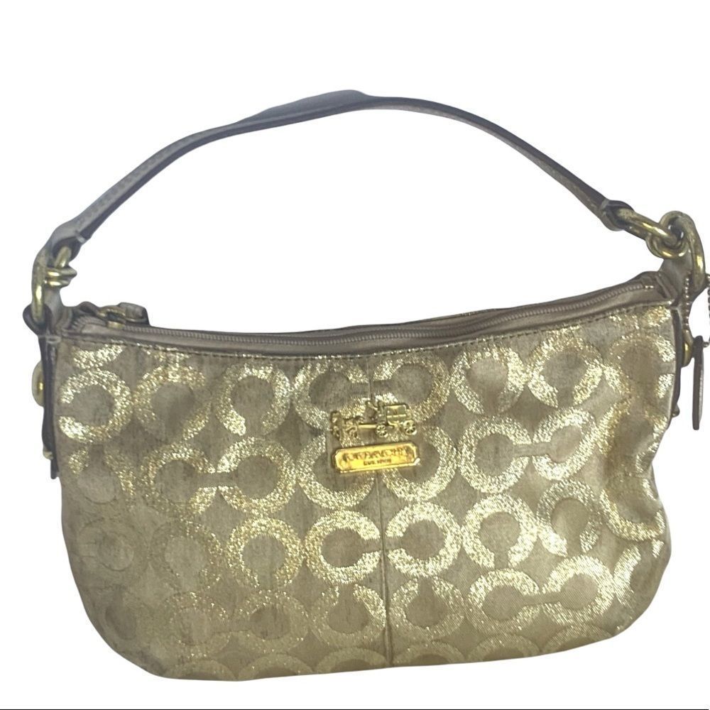 Coach Mia Signature Khaki Gold Lurex Top-Handle Pouch Purse 44594 RARE